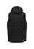 A black unisex hooded puffer vest featuring a quilted design and a drawstring hem. It has a logo on the back.