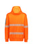 A water-resistant unisex hoodie in bright orange, featuring segmented reflective tape and a hood. It has a logo on one sleeve.