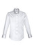 A white long sleeve button-up shirt with a single chest pocket and a collar, featuring a logo.