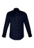 A navy long-sleeve button-up shirt featuring a chest pocket and a classic collar. It has a logo on the front.