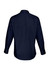 A long-sleeve shirt in navy blue with a collar and button-up cuffs, featuring a logo on the back.