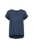 A women's short sleeve blouse in navy blue with a round neckline and a slightly longer back hem. It features rolled sleeves.