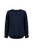 A navy blue long sleeve blouse with a round neckline and gathered sleeves. It features a subtle logo on the side.