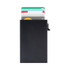 A black RFID card case holds several cards and features a sliding mechanism. It includes a logo.