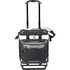 A black rolling cooler with a handle and front zip pocket, featuring a sturdy frame and a section for cold blocks.