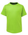 A bright green children’s T-shirt with short sleeves and a crew neckline, featuring a logo at the neck.