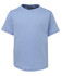 A light blue children's t-shirt with short sleeves, featuring a logo on the neckline.