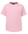 A pink kids' T-shirt with a round neckline and short sleeves. The shirt features a logo on the collar.