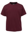 A maroon kids' t-shirt featuring a round neck and short sleeves. It has a logo on the inside neckline.