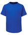 A plain blue children's T-shirt with short sleeves, featuring a label inside the neck area.