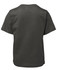 A dark grey kids' t-shirt with short sleeves and a plain back. The shirt has a logo on it.