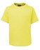 A bright yellow children's T-shirt featuring a crew neck and short sleeves, with a logo at the neckline.