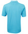 A light blue polo shirt with a collared neckline and short sleeves, featuring a branding logo.