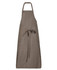 A brown work apron with a tie waist, featuring a logo, designed for various tasks.