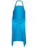 A bright blue apron with a tie-back design and adjustable neck straps. It features a logo.