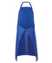 A blue work apron featuring a tie at the waist and an adjustable neck strap. It has a logo.