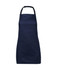 A navy blue apron featuring a front pocket and an adjustable neck strap. It has a logo branding.