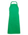 A bright green apron featuring a front pocket and an adjustable neck strap, with a logo present.