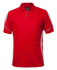 A red polo shirt with white accents, featuring a collar and a logo.