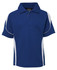 A blue polo shirt with white accents, featuring a collar and short sleeves, has a small logo.