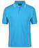 A light blue polo shirt with white piping and a collar, featuring a logo on the chest.