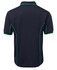 A navy polo shirt with green piping details and a logo on the back.