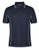 A navy blue polo shirt featuring light blue piping and a brand logo on the collar.