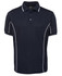 A navy polo shirt with white piping, featuring a collar and three-button placket. It has a logo on it.