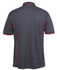 A grey polo shirt featuring red piping along the seams and a logo on the back.