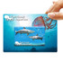 A promotional credit card-shaped flash drive featuring a blue underwater scene with sharks and jellyfish, including a logo.