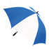 A blue and white striped umbrella with a black handle and a central opening mechanism. It has a branding logo.