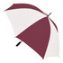A maroon and white umbrella with a curved handle and a black accent. Features a logo on the canopy.