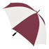 A maroon and white striped umbrella with a black handle, featuring a logo on the handle.
