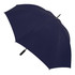 A navy blue umbrella featuring a black handle and a simplistic design, with a logo on the fabric.