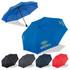 A compact umbrella in blue, black, red, and dark red, featuring branding on the blue version.