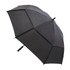 A black umbrella featuring a sleek design and an ergonomic handle. It includes a logo on the canopy.