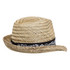 A straw fedora in natural tones with a black band featuring a decorative pattern.