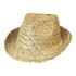 A straw fedora hat in a light natural colour, featuring a woven design and an internal logo.