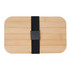 A bamboo lunch box with a black strap, featuring a simple rectangular design and a smooth finish.
