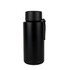 A drink bottle in matte black stainless steel with a lid and a strap. It has a minimalist design and a logo.