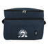 A navy blue cooler bag with a zippered top compartment and a front pocket featuring a logo.