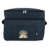 A navy cooler bag with a zippered top, front pocket, and a logo. It features a sturdy and insulated design.