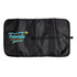 A black toiletry organizer featuring a logo and compartments for storing accessories.