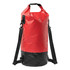 A red and black roll-top backpack with adjustable straps and a secure handle, featuring a logo.