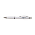 A plastic pen in white with silver accents, featuring a clip and a logo.