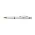 A white plastic pen with silver accents and a logo on the body.