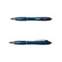 A blue plastic pen with silver accents, featuring a clip and a polished finish. It has a logo on its barrel.