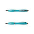 A plastic pen in turquoise with chrome accents and a clip, showcasing both sides of the design.