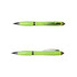 A green plastic pen featuring a sleek design with chrome accents and a clip. It has a branding logo.