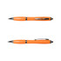 An orange metal pen with a shiny silver clip and trim, displayed from two angles.